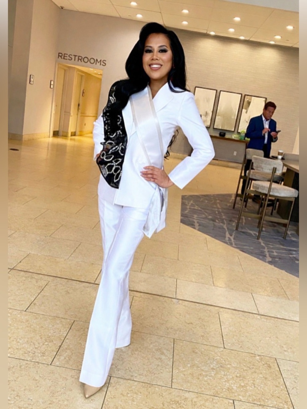 Couture White Suit Set Snap-On Sequin Blazer Wide Leg Pants Pageant Formal